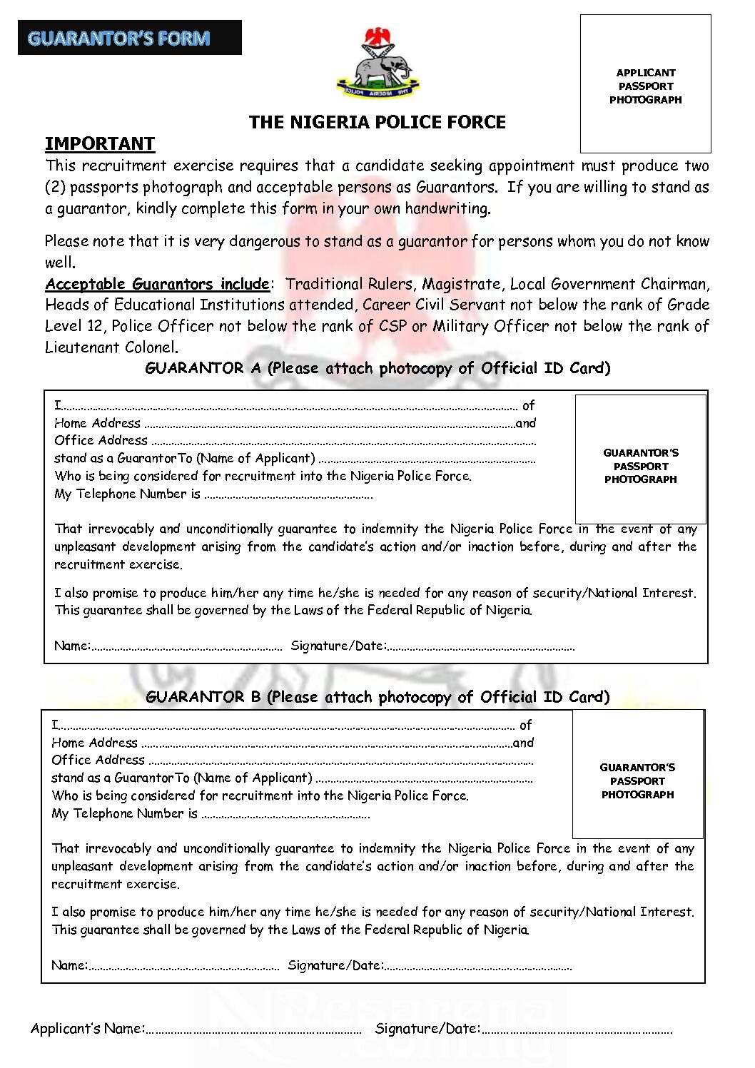 NPF Guarantor Form 2020 min 1 pdf NIS Recruitment Screening Date